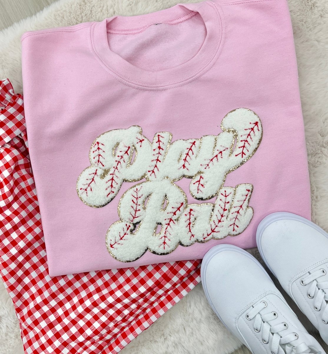 Play Ball Letter Patch Crewneck Sweatshirt from United Monograms