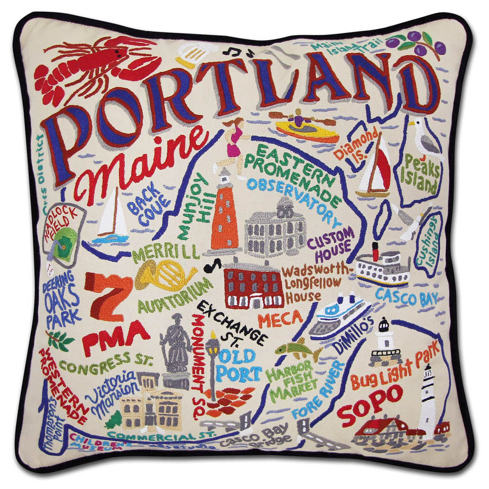 Portland, ME Hand-Embroidered Pillow by CatStudio from Quirks!
