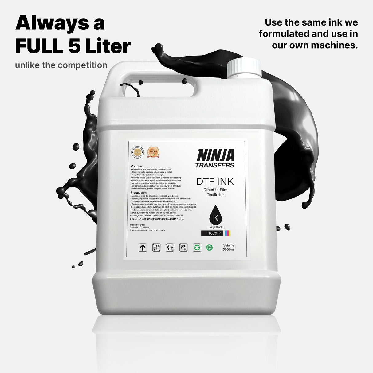 Premium DTF Ink 5 Liters from Ninja Transfers