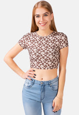 Printed Brown Knitted Crop Top from London Rag International