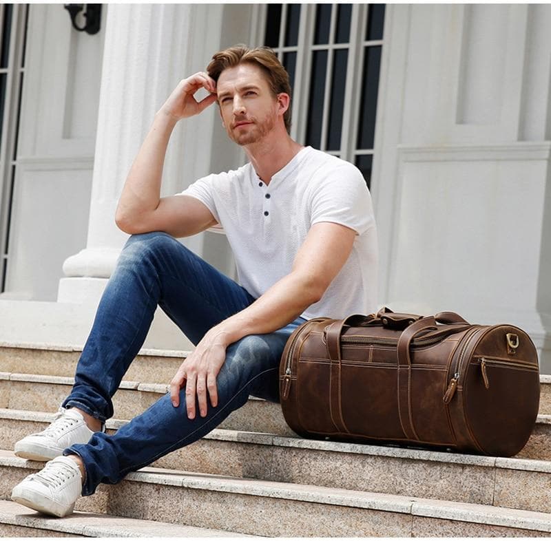 The Wainwright Weekender | Round  Vintage Leather Weekender from STEEL HORSE LEATHER