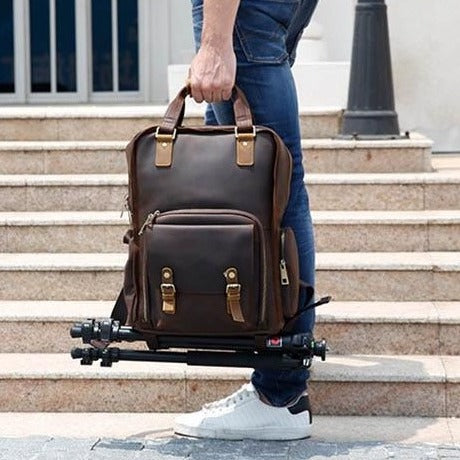 The Gaetano | Large Leather Backpack Camera Bag with Tripod Holder from STEEL HORSE LEATHER