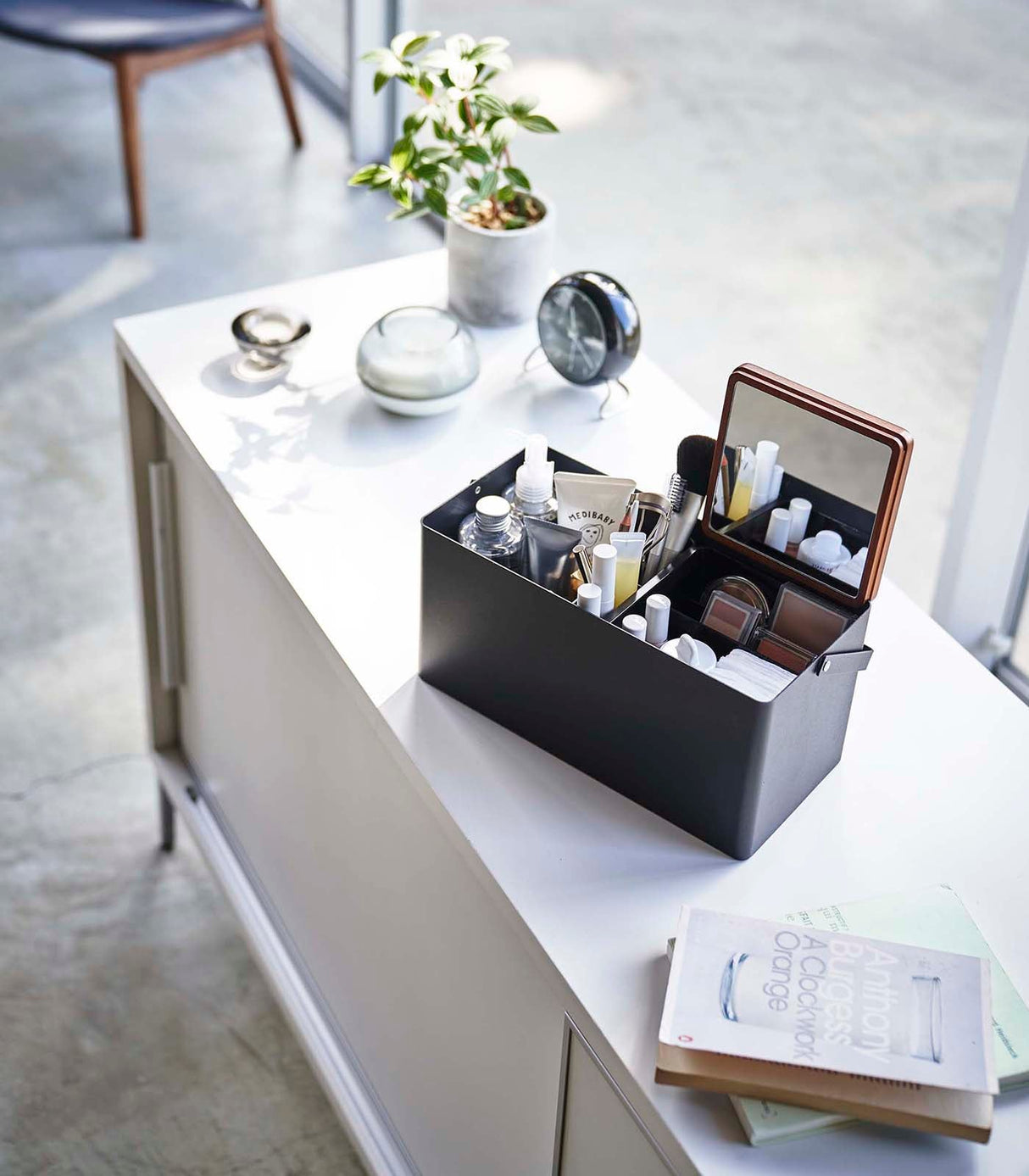 Makeup Organizer with Mirror - Steel + Wood from Yamazaki Home