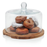 Libbey Acaciawood Flat Round Wood Server Cake Stand with Glass Dome from Libbey