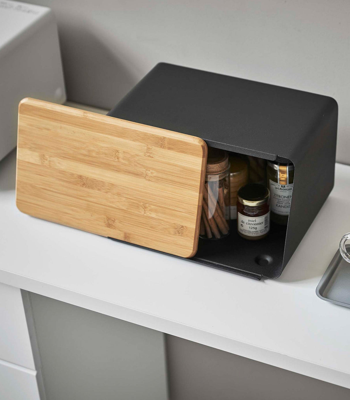 Bread Box with Cutting Board Lid - Steel + Wood from Yamazaki Home