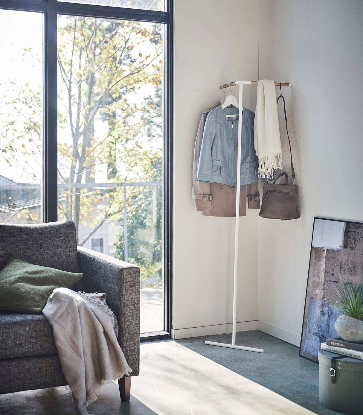 Corner Leaning Coat Hanger (63" H)  - Steel + Wood from Yamazaki Home