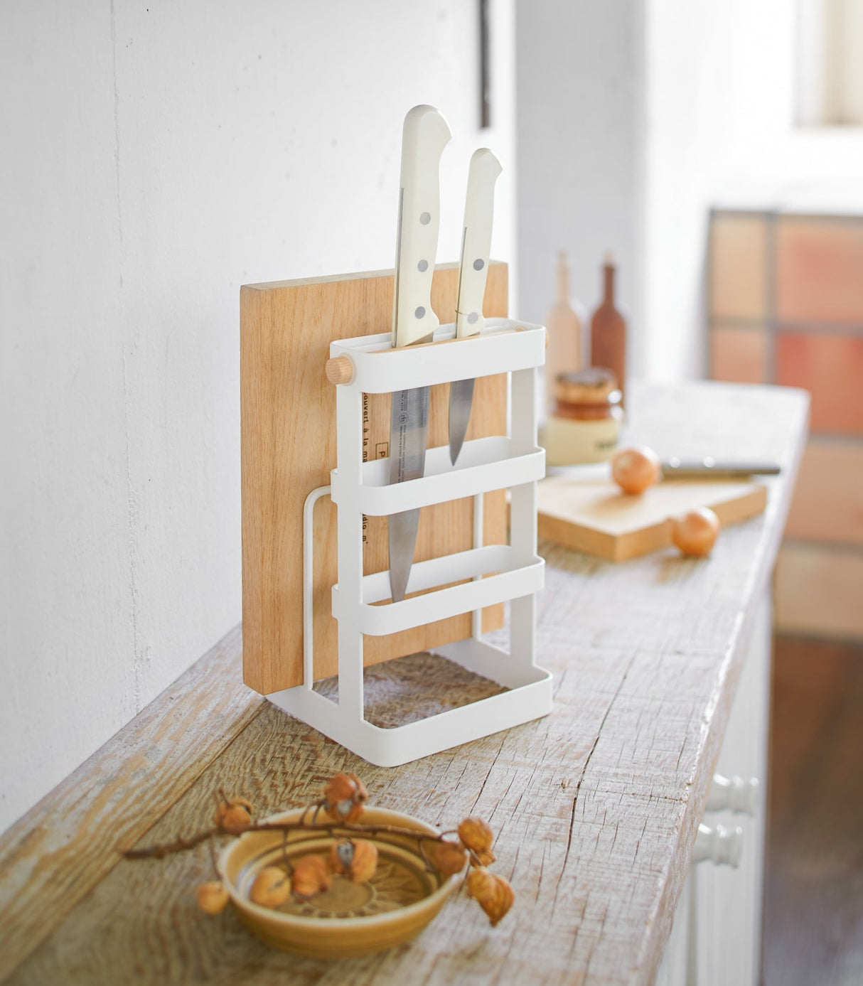 Knife & Cutting Board Stand - Steel + Wood from Yamazaki Home