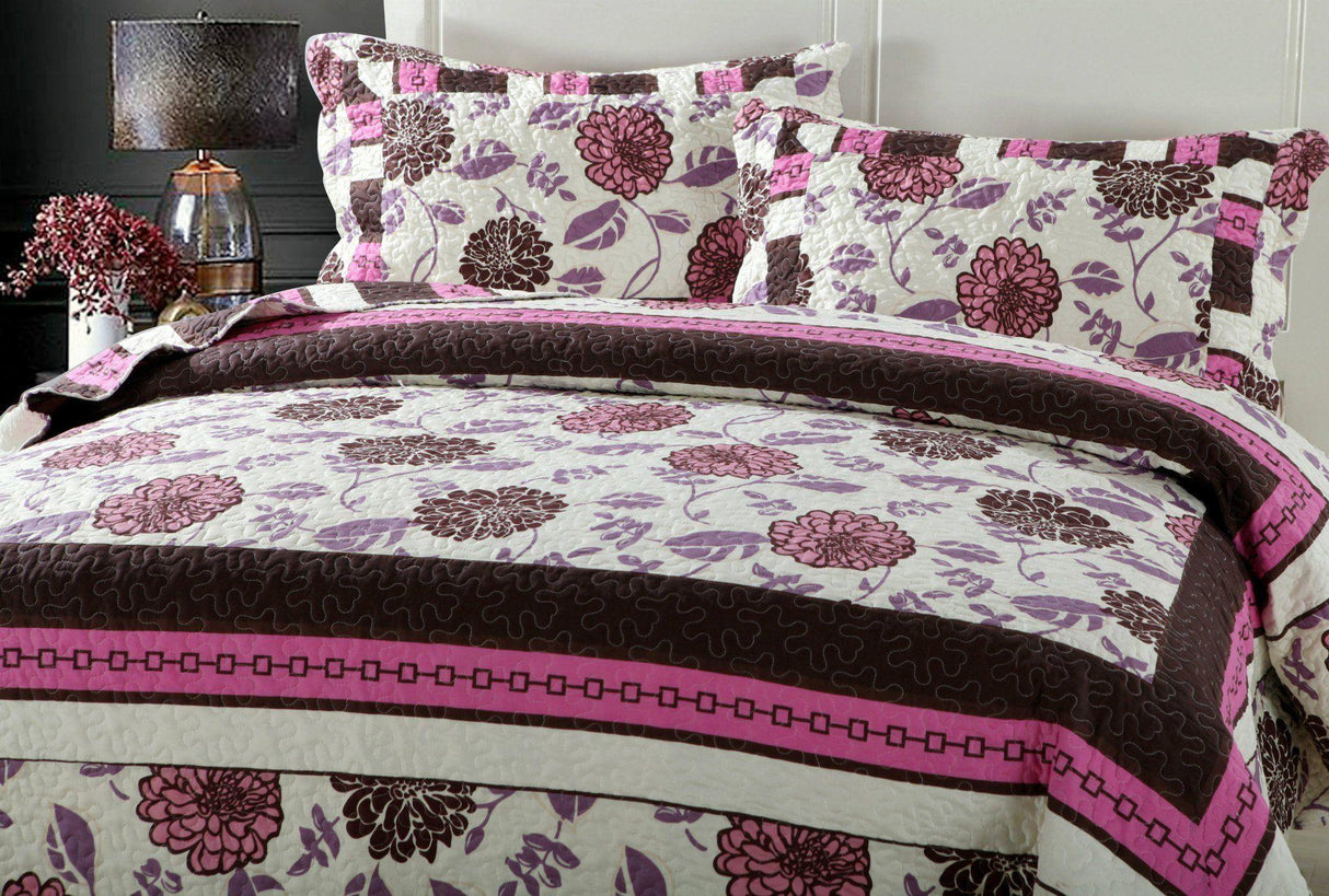 DaDa Bedding Bohemian Purple Blooms Floral Garden Pink Brown Bedspread Set (KBJ1629) from DaDalogy Bedding Collection