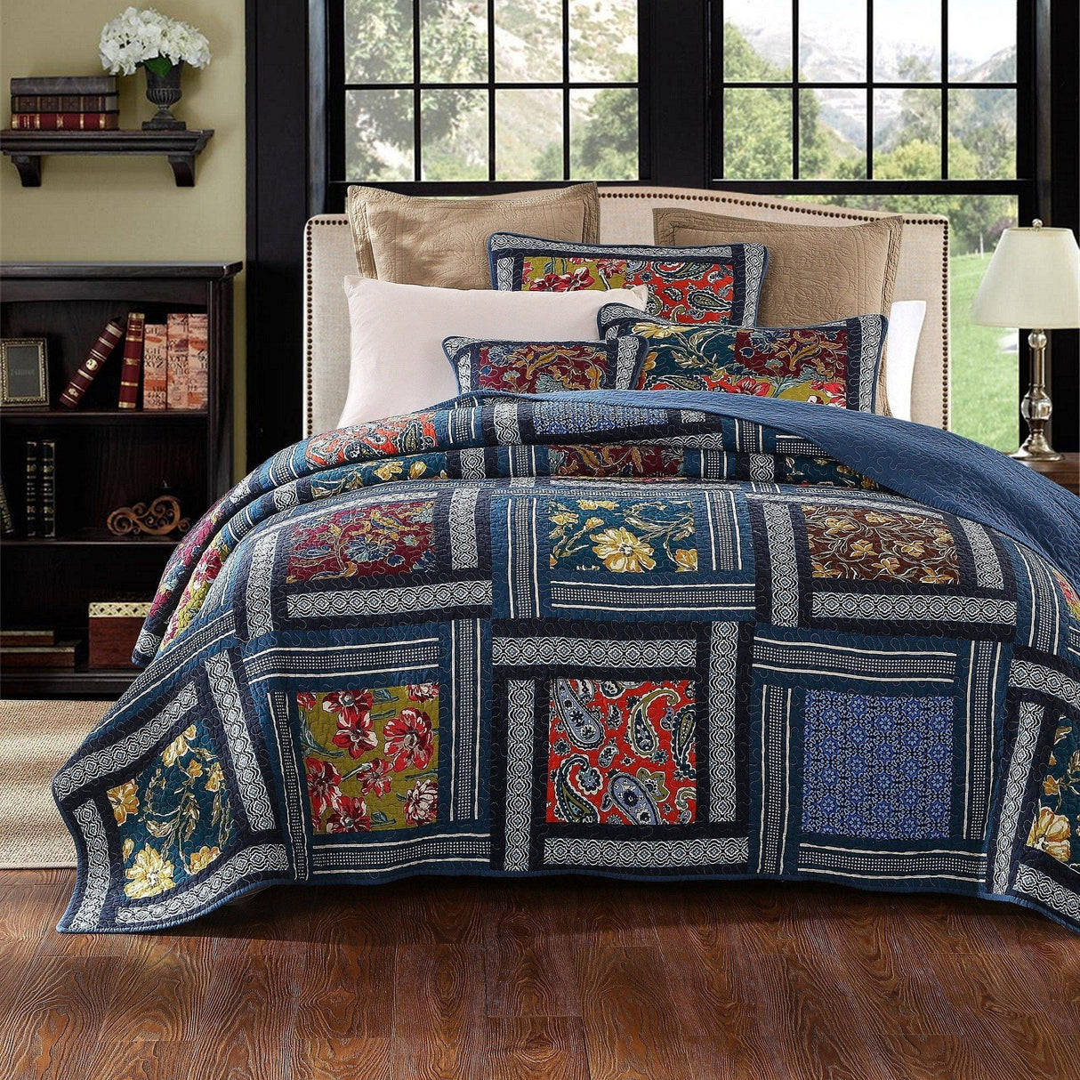 DaDa Bedding Bohemian Floral Midnight Ocean Blue Cotton Patchwork Bedspread Set (JHW-572) from DaDalogy Bedding Collection