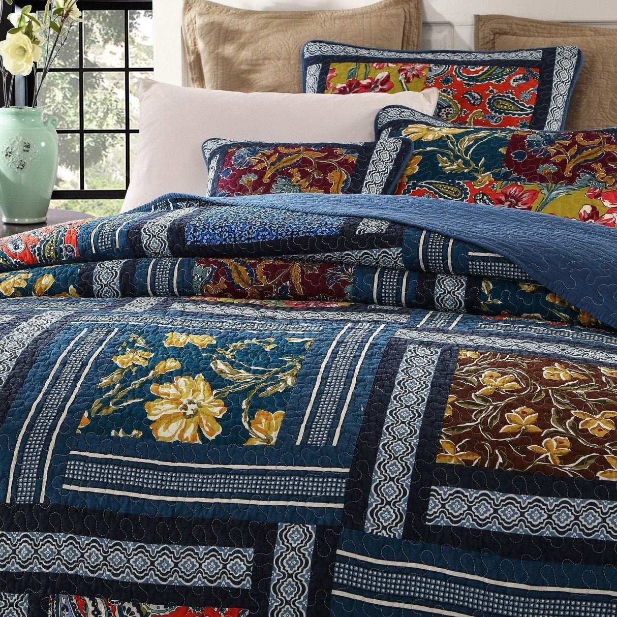 DaDa Bedding Bohemian Floral Midnight Ocean Blue Cotton Patchwork Bedspread Set (JHW-572) from DaDalogy Bedding Collection