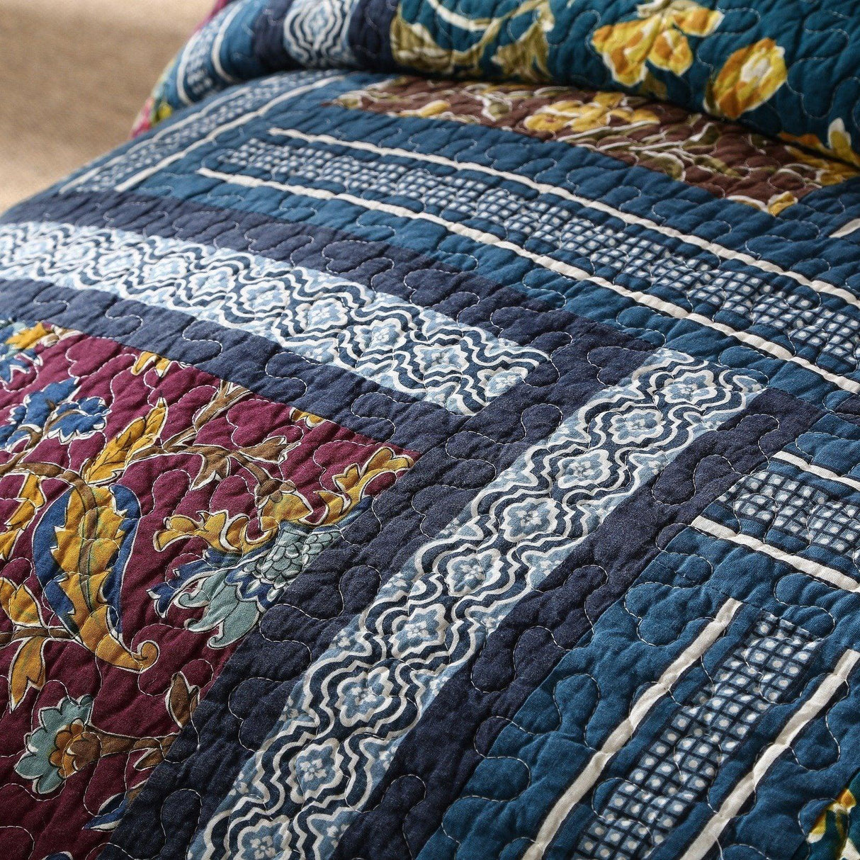DaDa Bedding Bohemian Floral Midnight Ocean Blue Cotton Patchwork Bedspread Set (JHW-572) from DaDalogy Bedding Collection