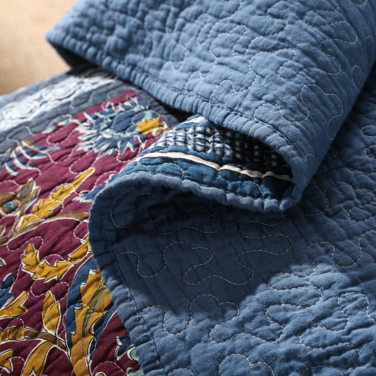 DaDa Bedding Bohemian Floral Midnight Ocean Blue Cotton Patchwork Bedspread Set (JHW-572) from DaDalogy Bedding Collection