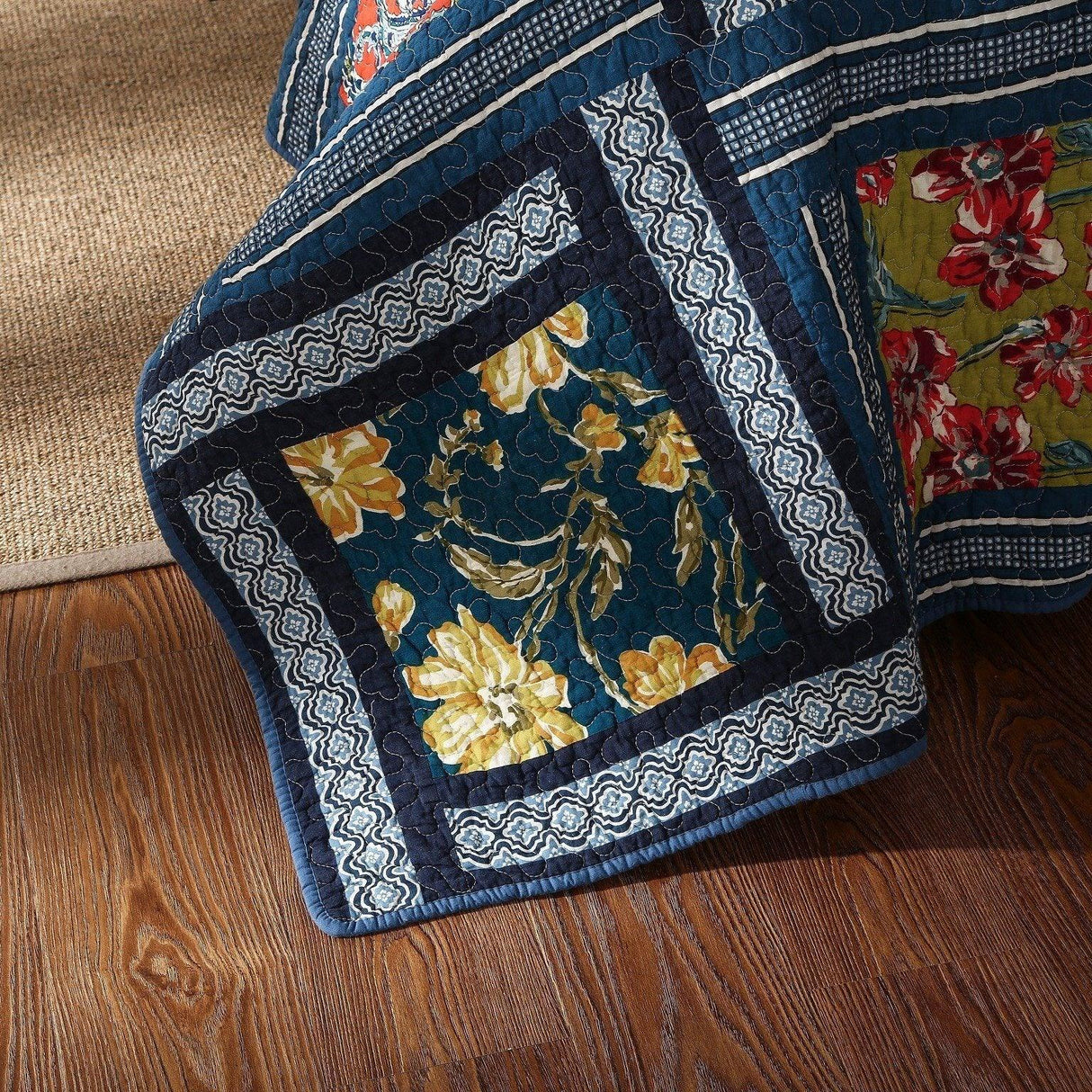 DaDa Bedding Bohemian Floral Midnight Ocean Blue Cotton Patchwork Bedspread Set (JHW-572) from DaDalogy Bedding Collection