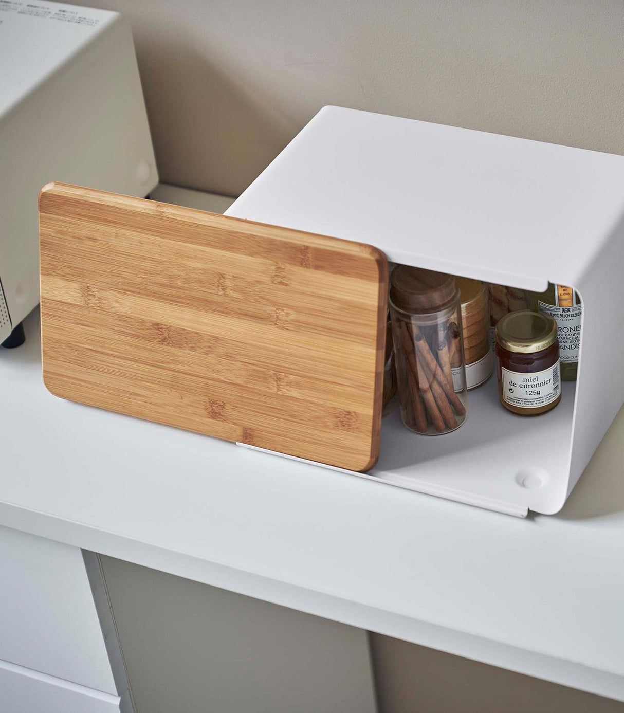 Bread Box with Cutting Board Lid - Steel + Wood from Yamazaki Home