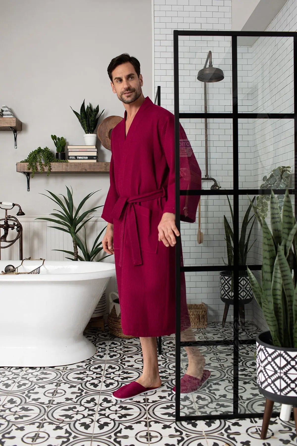 Waffle Kimono Spa Bathrobe for Men -  Absorbent, Lightweight From Lotus Linen