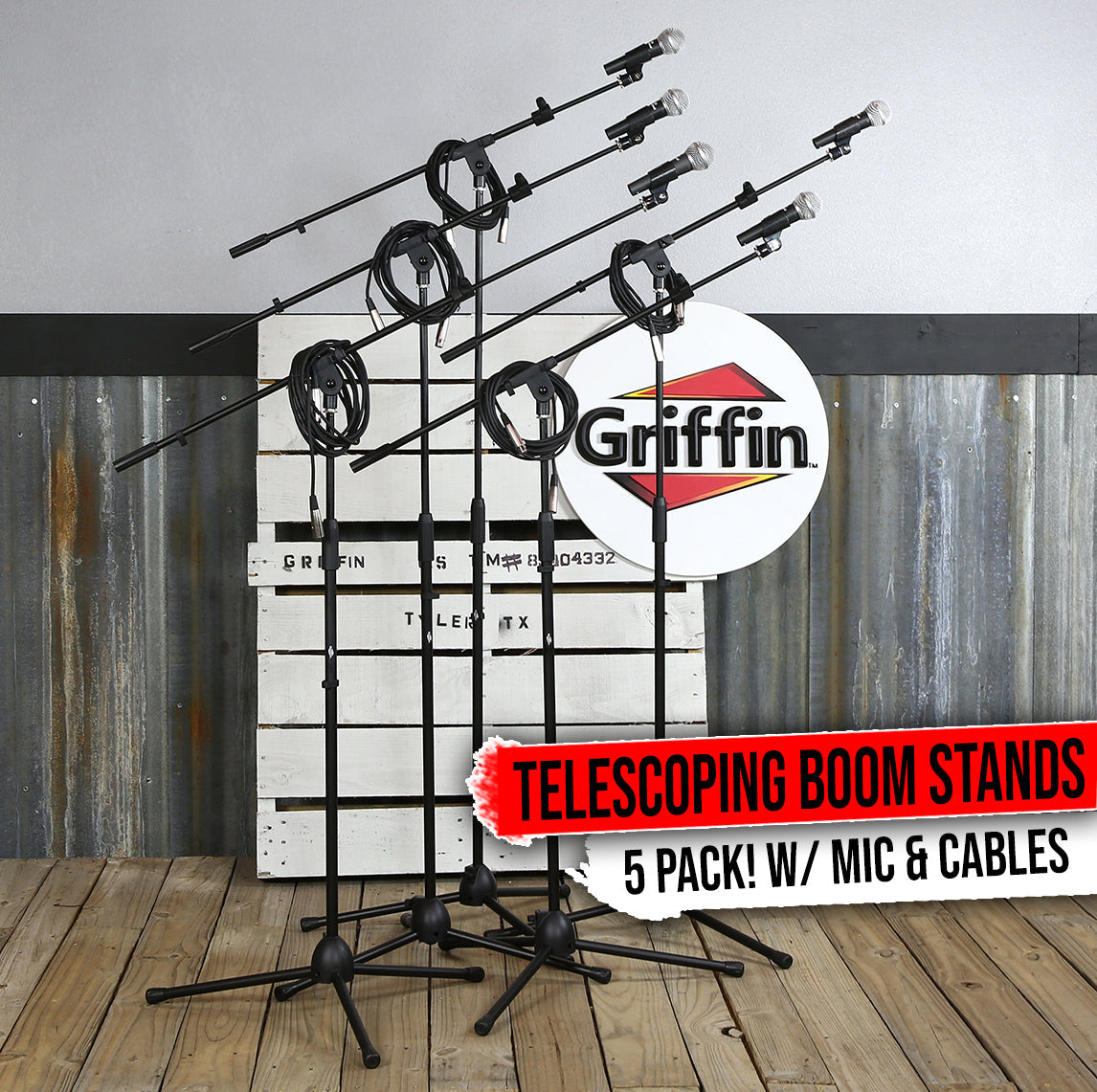 GRIFFIN Microphone Stand Package of 5 with Vocal Unidirectional Handheld Mics & XLR Cables from GeekStands
