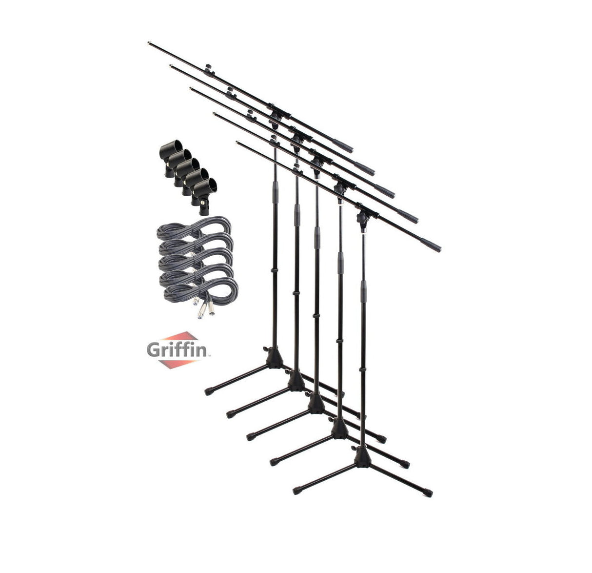 GRIFFIN Microphone Stand (Pack of 5) with XLR Cables & Mic Clip - Telescoping Boom Arm Tripod Legs for Studio Recording Accessories, Singing Vocal from GeekStands