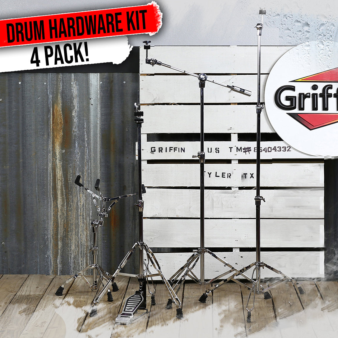 GRIFFIN Cymbal Stand Hardware Pack 4 Piece Set | Full Size Percussion Drum Hardware Kit with Snare Mount, Hi-Hat Pedal, Cymbal Boom, & Straight Cymbal Stand | Lightweight & Portable | Perfect for Gigs from GeekStands.com