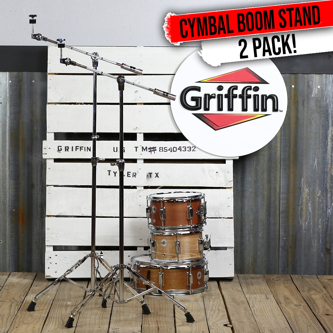 Cymbal Stand With Boom Arm by GRIFFIN (Pack of 2) | Drum Percussion Gear Hardware Set with Double Braced Legs | Counterweight Adapter for Mounting Heavy Duty Crash, Ride, Splash Cymbals For Drummers from GeekStands.com