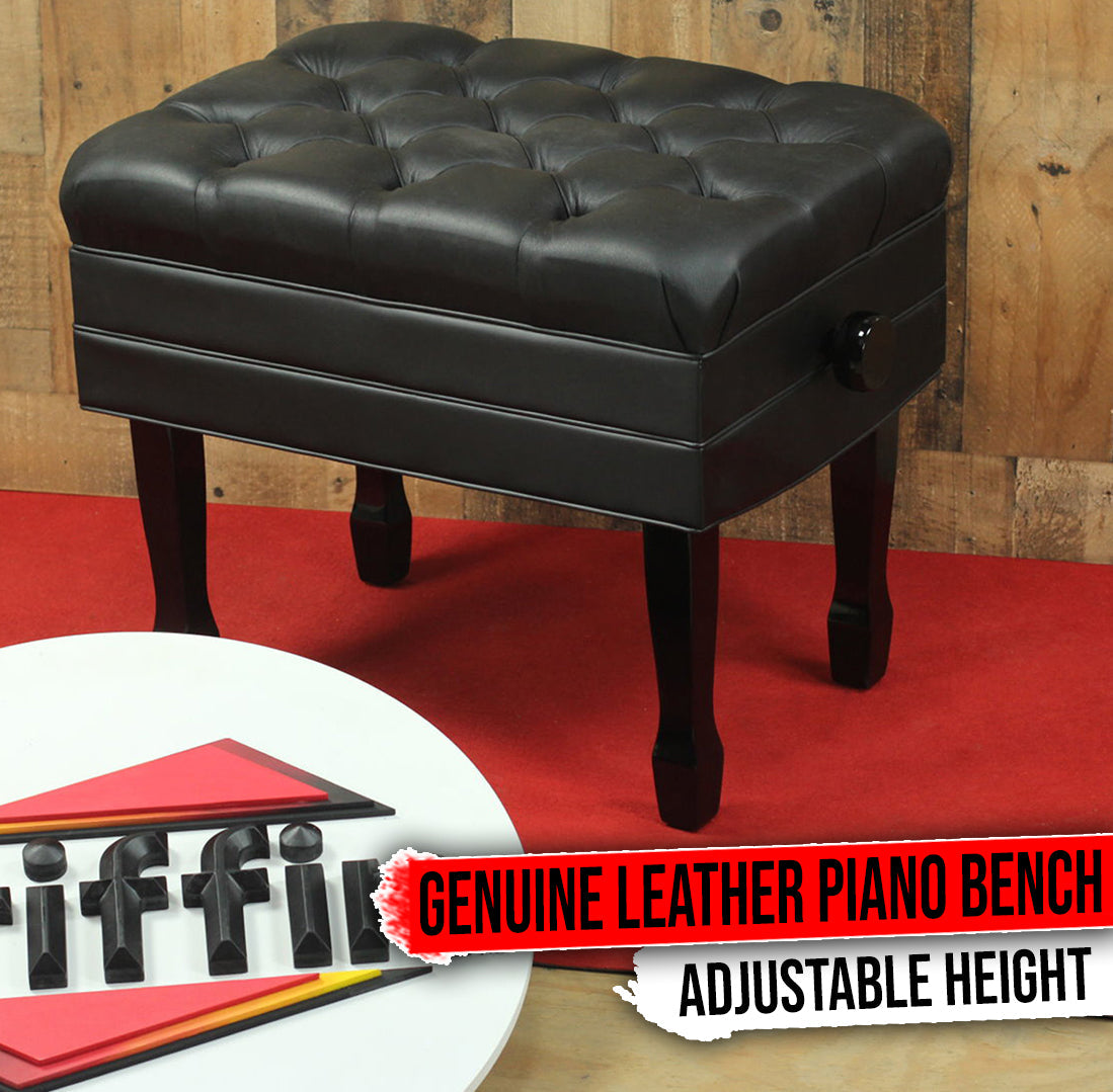 Genuine Leather Adjustable Piano Bench by GRIFFIN - Black Solid Wood Vintage Style & Heavy-Duty from GeekStands