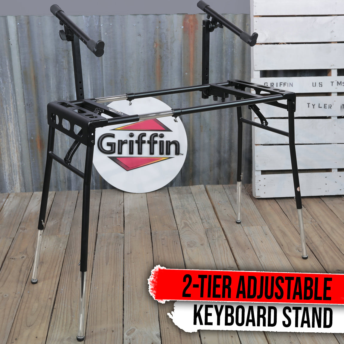 GRIFFIN 2-Tier DJ Coffin Workstation Stand - Double Table Top Keyboard & Laptop Holder Mount from GeekStands