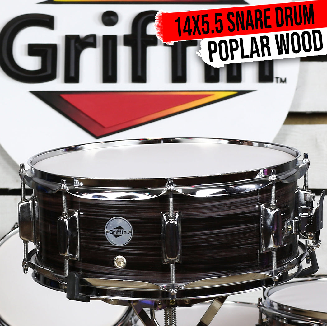 Deluxe Snare Drum by GRIFFIN - 14" x 5.5" Poplar Wood Shell with Zebra PVC Glossy Finish from GeekStands