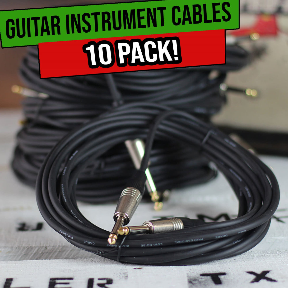 Guitar Cables (10 Pack) Instrument Cord by FAT TOAD | 24 AWG Patch Conductor for Electric Guitar, Bass, Amplifier, Speaker, Keyboard & Recording Studio | Shielded 20FT 1/4 Inch Gold Straight-End Wires from GeekStands.com