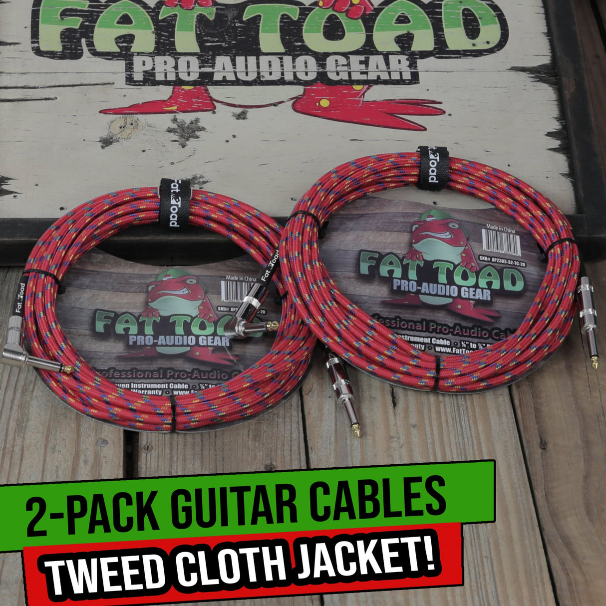 Guitar Cables (2 Pack) Right Angle to Straight-End Instrument Cord Tweed Cloth Jacket by FAT TOAD | Braided Woven 20 FT 1/4 Inch Gold Jack TS for Electric Guitar Pedal, Bass, Audio Speaker, Amplifier from GeekStands.com