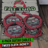 Guitar Cords (4 Pack) Right Angle to Straight-End Instrument Cable Tweed Cloth Jacket by FAT TOAD | Braided Woven 20FT 1/4 Inch Jack TS for Electric Guitar, Bass, AMP | Shielded 24 AWG Patch Conductor from GeekStands.com