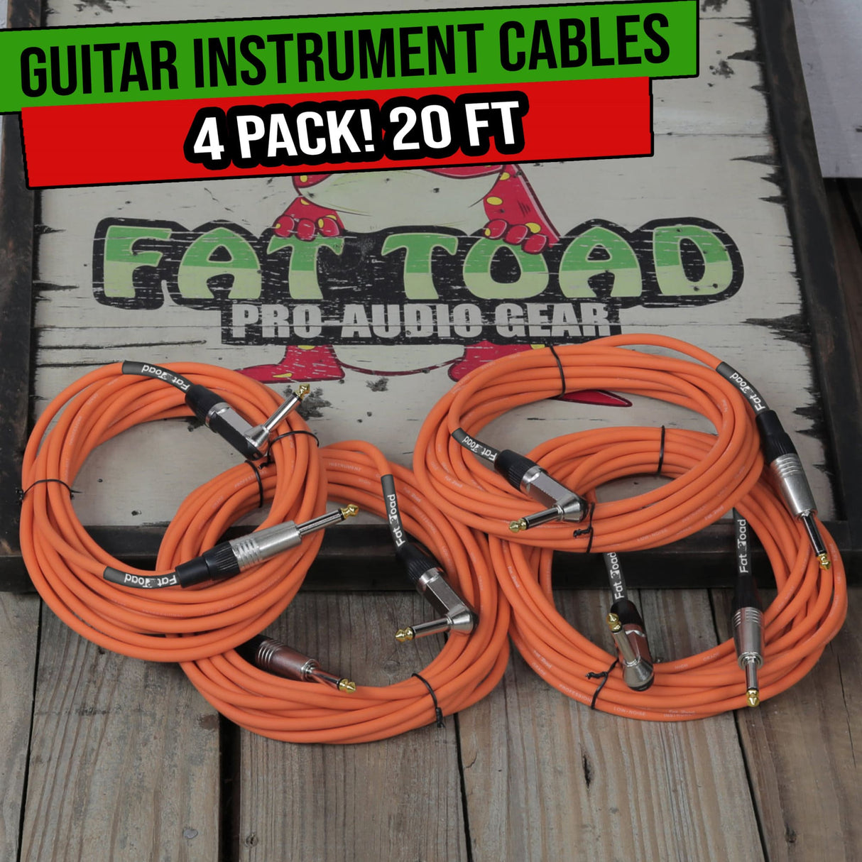 Guitar Cords (4 Pack) Right Angle Instrument Cable by FAT TOAD | 20FT 1/4 Inch Straight-End Wires for Electric Guitar, Bass, Keyboards & Music Sound Recording Studio | Shielded 24 AWG Patch Conductor from GeekStands.com