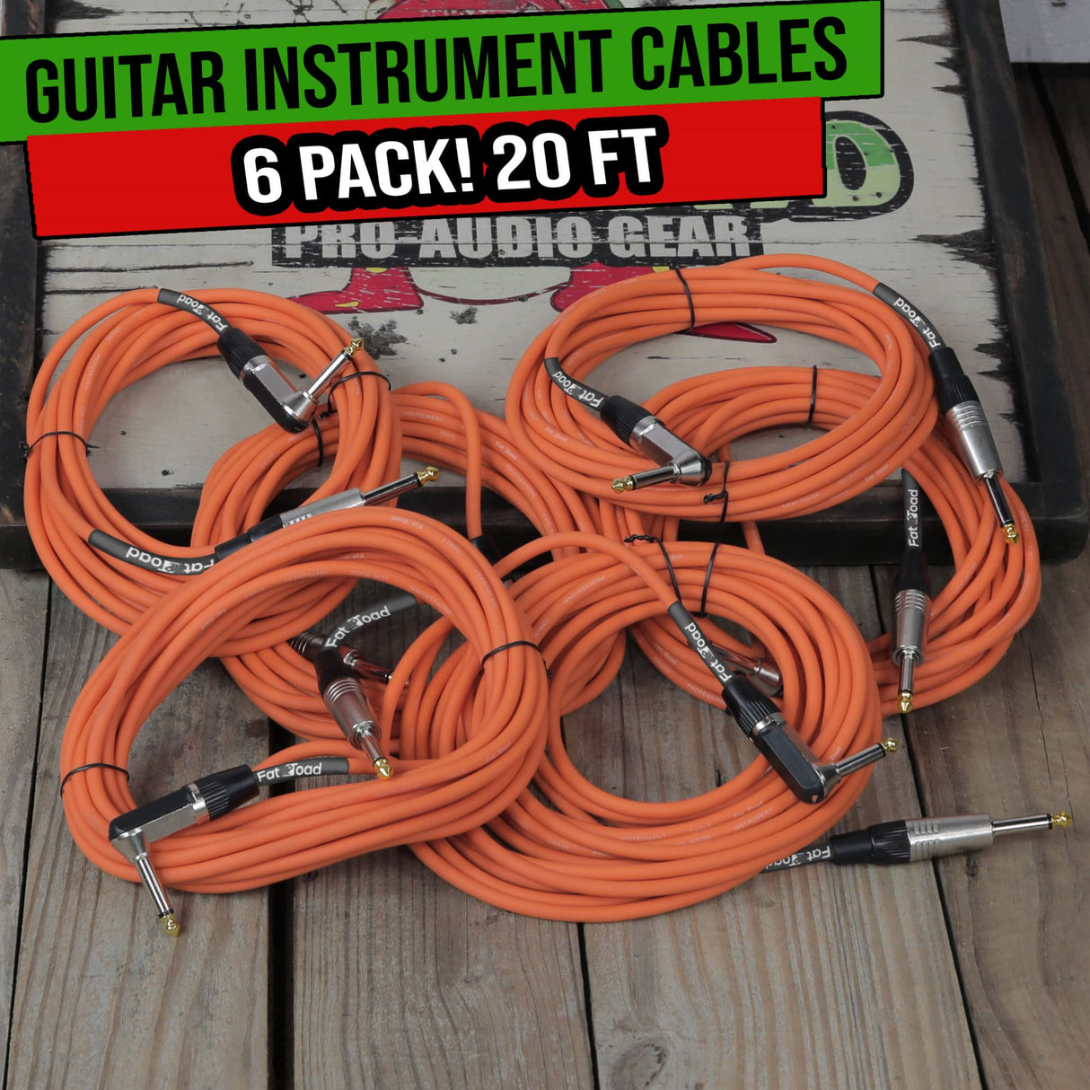Guitar Cables (6 Pack) Right Angled Instrument Cord by FAT TOAD | 20FT 1/4 Quarter Inch Straight-End 20 GA Wires for Electric Guitar Pedal, Bass, Keyboards, Speaker Amplifier & Audio Studio Recording from GeekStands.com