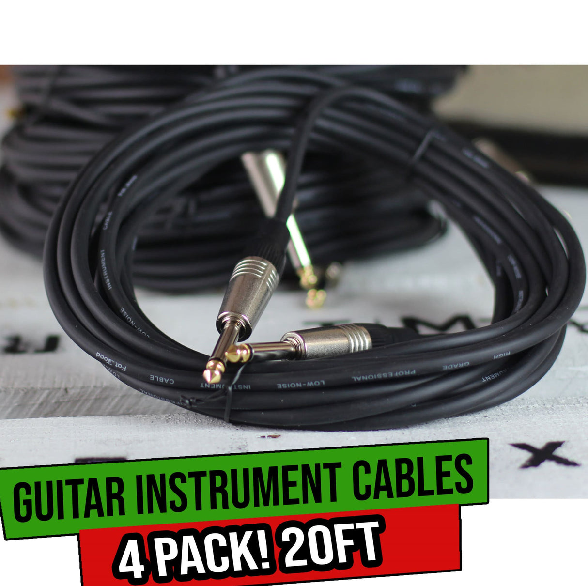Guitar Cables (4 Pack) Instrument Cord by FAT TOAD | 24 AWG Patch Conductor for Electric or Acoustic Guitar, Bass, Amps, Keyboards & Pro-Audio DJ Recording Studio PA | 20FT 1/4 Inch Straight-End Wires from GeekStands.com