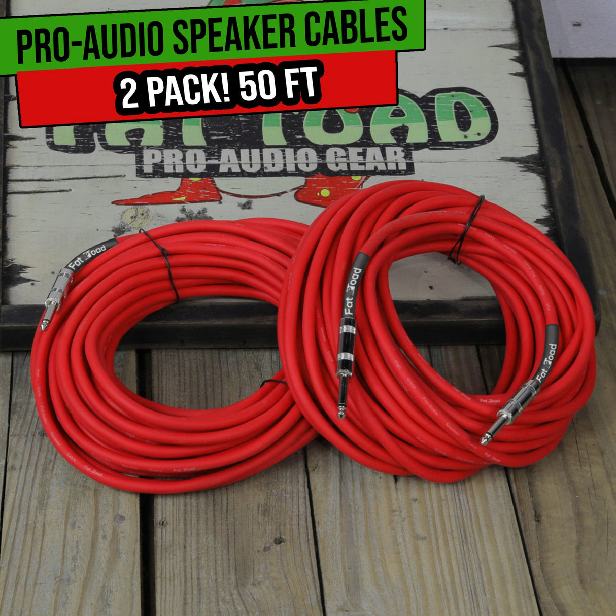Male Jack Speaker Cables (2 Pack) (1/4" to 1/4) by FAT TOAD - 50ft Professional Pro Audio Red DJ from GeekStands