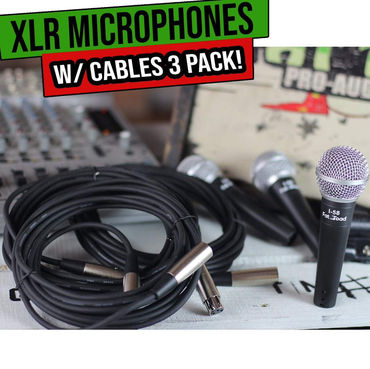 Dynamic Vocal Microphones with XLR Mic Cables & Clips (3 Pack) by FAT TOAD - Cardioid Handheld from GeekStands