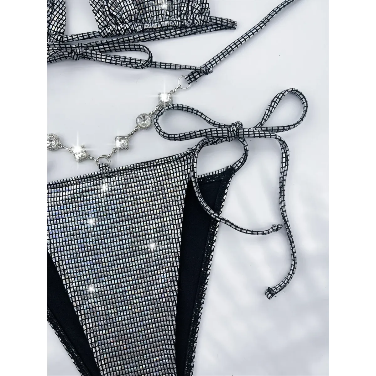 Rhinestone Halter Bikini Set – Glitter Tie Thong Swimwear from Kawaii Stop