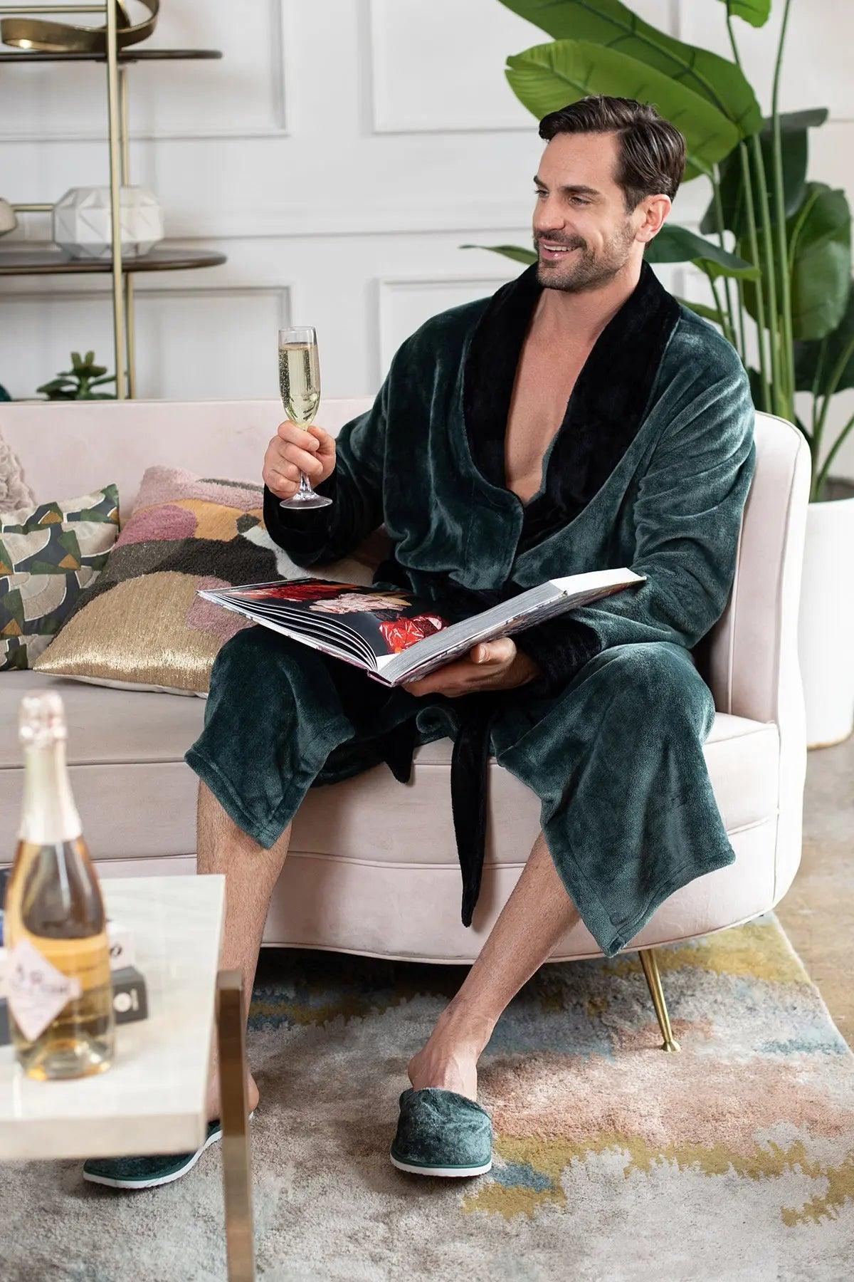 Fleece Bathrobe With Shawl Collar for Men From Lotus Linen