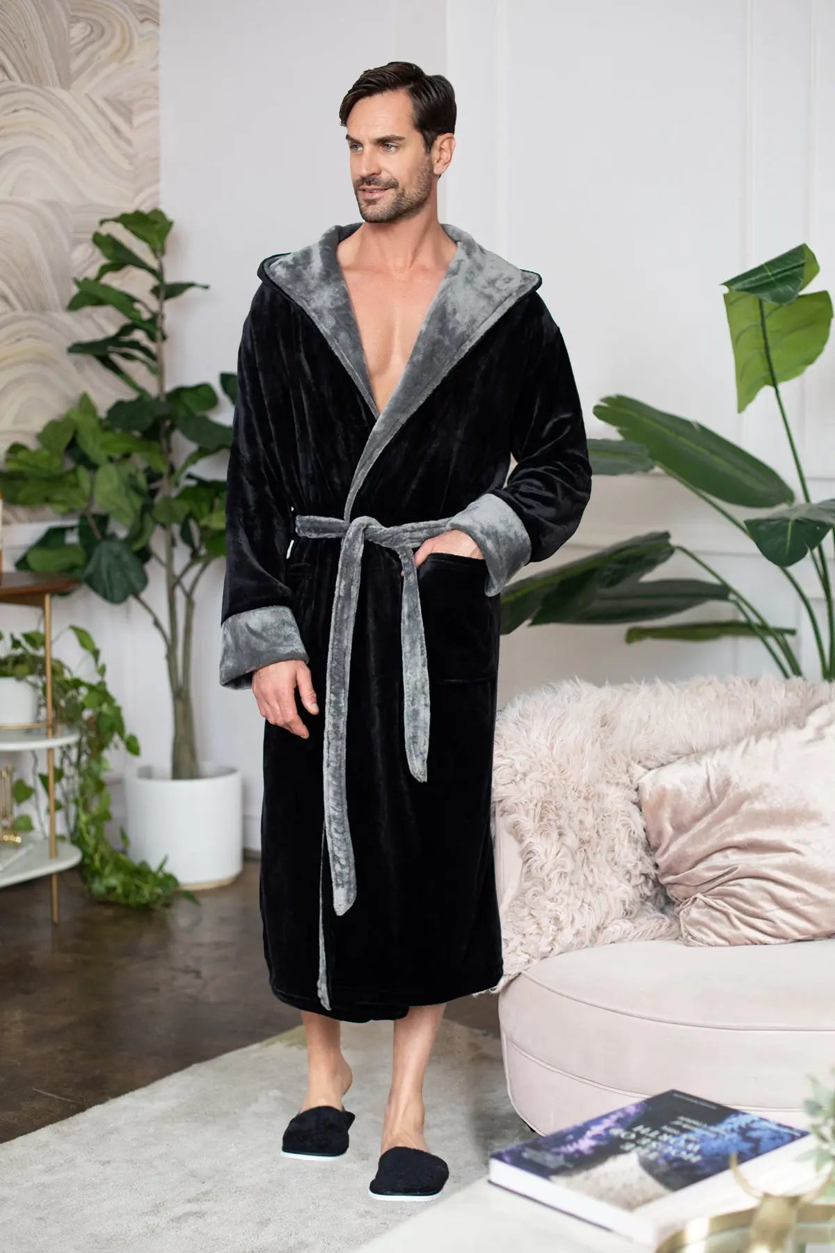 Hooded Plush Bathrobe for Men From Lotus Linen