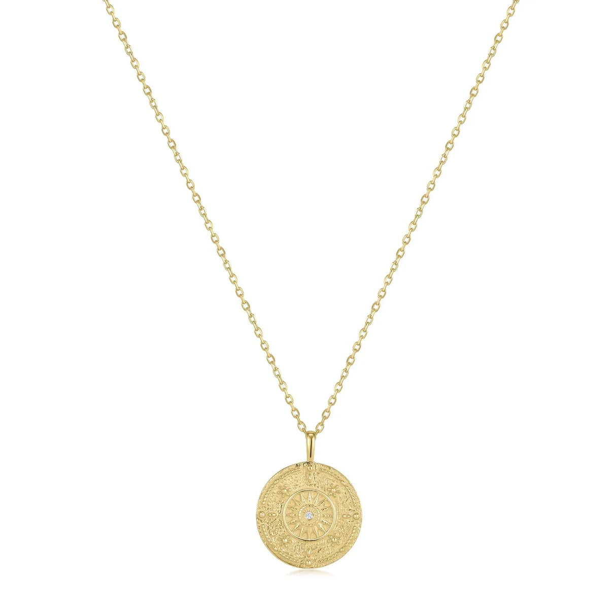 Round Sun Pendant With CZ Center Stone Necklace from eklexic