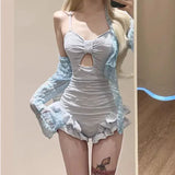 Ruched Ruffle Bodysuit Bikini – Korean Swimsuit Set with Mesh Cover from Kawaii Stop