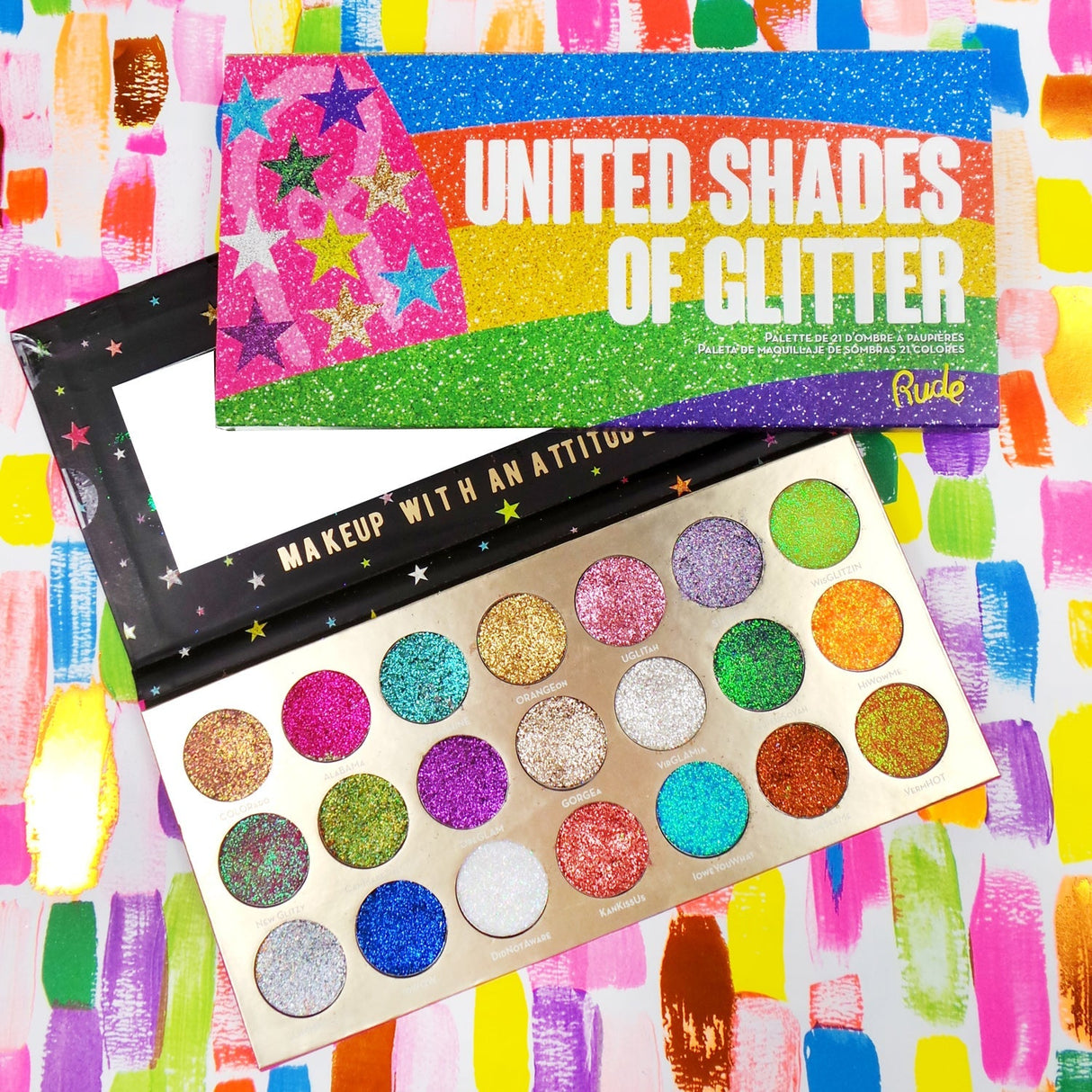 United Shades of Glitter Pressed Glitter Palette Display Set, 12pcs from Rude Cosmetics