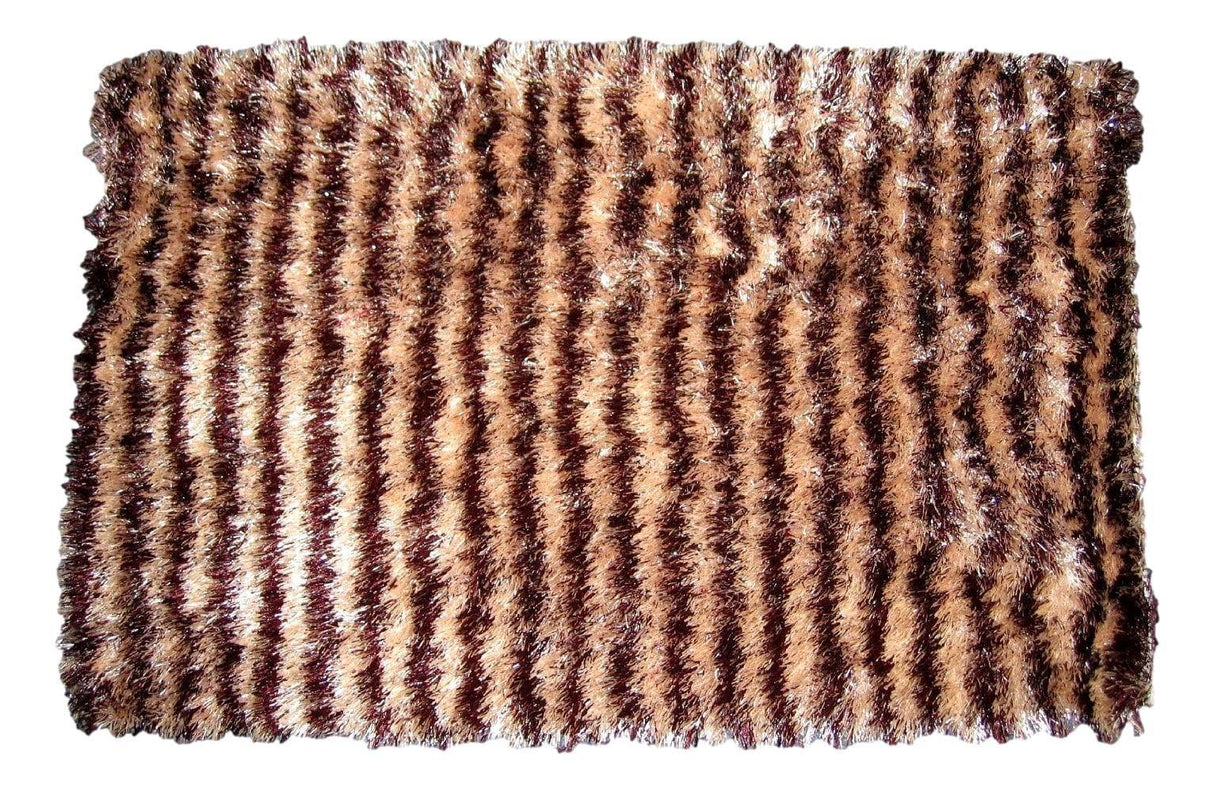 DaDa Bedding Shaggy Soft Door Mat Carpet Rug - 20" x 32" Striped Shiny Coffee Light Beige / Dark Brown from DaDalogy Bedding Collection