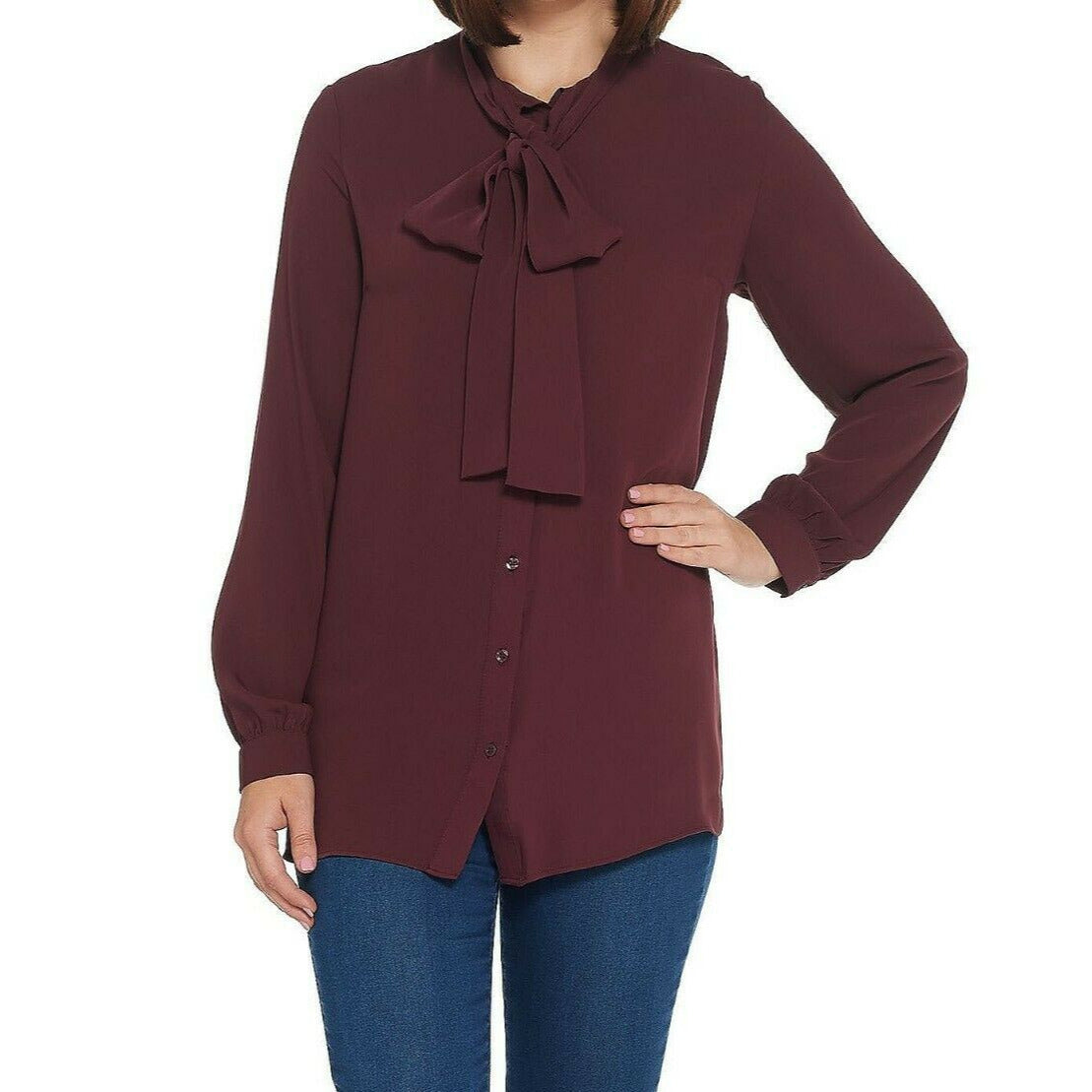 MARTHA STEWART Woven Front Button Blouse Top Tie Neck Women's Sz 1X Chianti (New) from PayWut