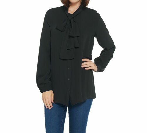 MARTHA STEWART Woven Front Button Blouse Top Tie Neck Women's Sz L Francesca Black (New) from PayWut