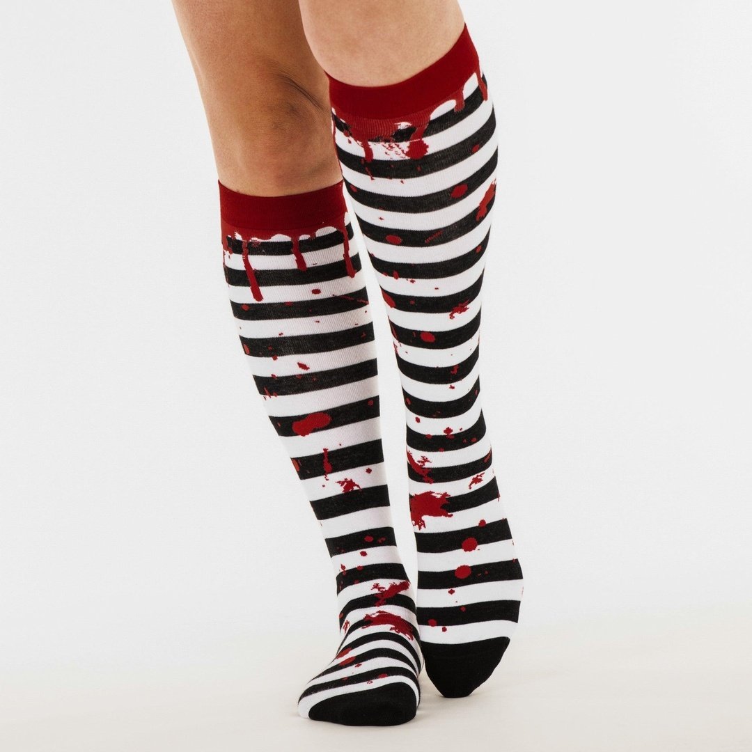 Sanguine Stripes Blood Spatter Knee High Socks from FootClothes
