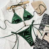 Satin Rhinestone Bikini Set – Sexy Halter Tie Beach Swimwear from Kawaii Stop