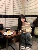 Beige Off Shoulder Knit Sweater – Elegant Harajuku Long Sleeve Pullover From Kawaii Stop