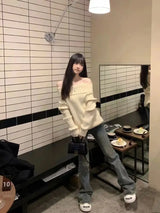 Beige Off Shoulder Knit Sweater – Elegant Harajuku Long Sleeve Pullover From Kawaii Stop