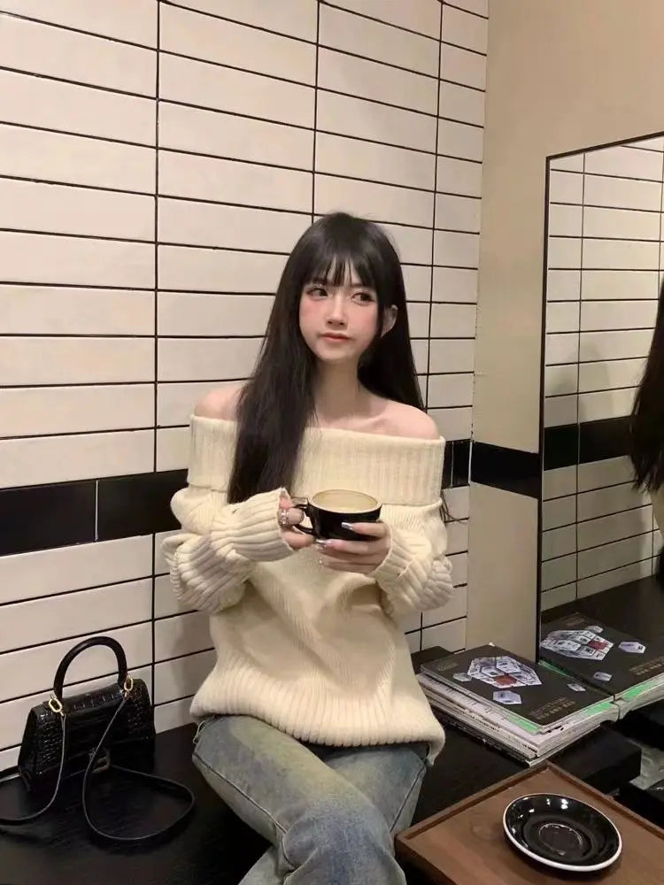 Beige Off Shoulder Knit Sweater – Elegant Harajuku Long Sleeve Pullover From Kawaii Stop