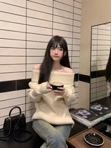 Beige Off Shoulder Knit Sweater – Elegant Harajuku Long Sleeve Pullover From Kawaii Stop