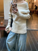 Beige Off Shoulder Knit Sweater – Elegant Harajuku Long Sleeve Pullover From Kawaii Stop